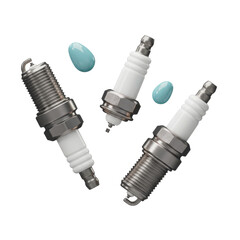 Three Spark Plugs and Blue Drops on a Transparent Background for Automotive Technology