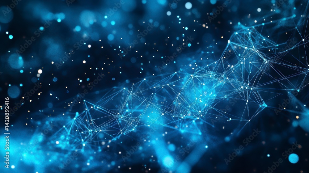 Poster abstract blue digital network connection, plexus, glowing particles and lines.