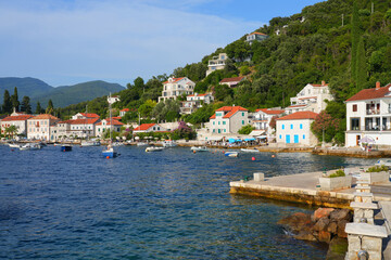 Obraz premium Village of Rose at the tip of the Luštica Peninsula on the eastern shore of the mouth of the bay of Kotor along the coast of the Adriatic Sea in Montenegro