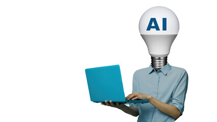 Person with a lightbulb head labeled AI holding a blue laptop, surreal collage style, white background, concept of artificial intelligence and creativity