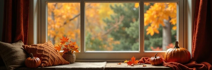 Cozy autumn window with seasonal decorations and warm colors enhancing relaxation.