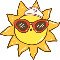 Summer Nurse Thing Cartoon Smile Sun with Sunglasses and Nurse Cap Hand Drawn