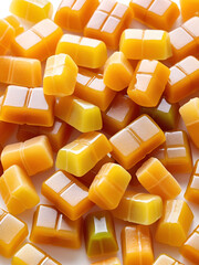 chewing fruit caramel candies close-up isolated on white background