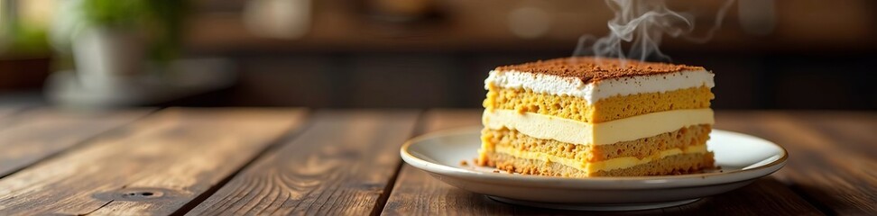 Delicious layered cake served on a plate with steam rising, perfect for dessert lovers.
