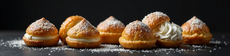 Delicious pastry cream puffs dusted with powdered sugar on a dark background.