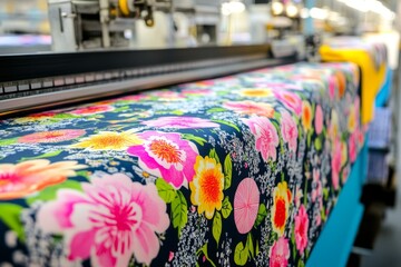 Fototapeta premium Colorful floral print fabric being processed on a large industrial machine