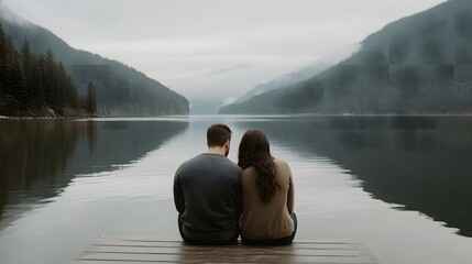 Couple sharing a loving gaze while sitting on a dock looking at the water