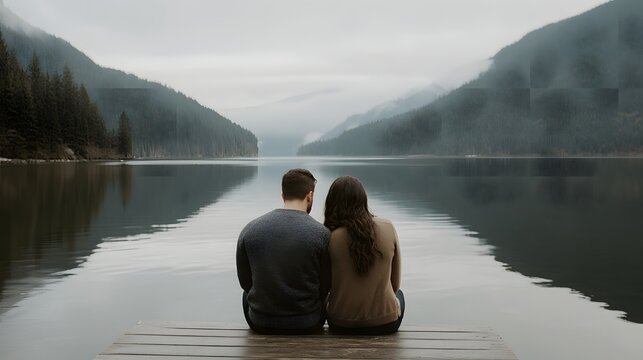 Couple sharing a loving gaze while sitting on a dock looking at the water