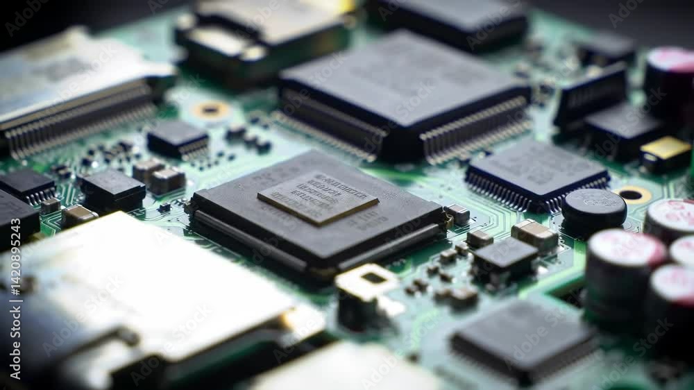 Poster close-up view of a circuit board featuring microchips and electronic components for advanced technol