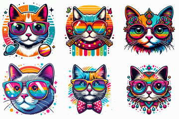 cute cat illustration wearing colorful glasses. T-shirt style design