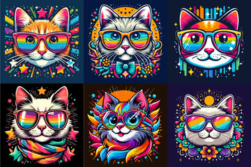 cute cat illustration wearing colorful glasses. T-shirt style design
