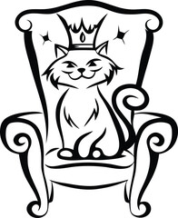 A cute cat sitting on a throne isolated creative vector art, cat sitting on a throne silhouette vector illustration, cat sitting on a throne line art vector icon design