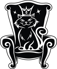 A cute cat sitting on a throne isolated creative vector art, cat sitting on a throne silhouette vector illustration, cat sitting on a throne line art vector icon design
