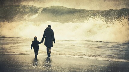 Parent and child walking hand in hand on a quiet beach as waves crash softly on the shore