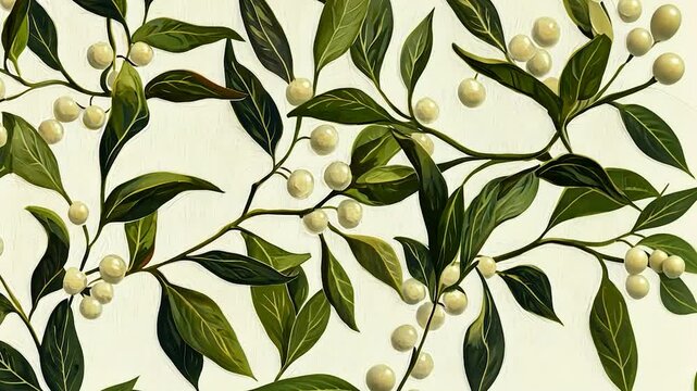 Floral pattern with cream berries and dark green leaves