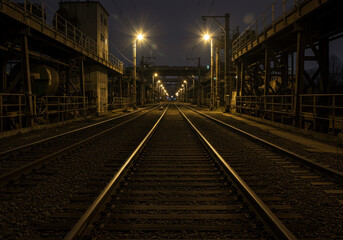 Fototapeta premium Train tracks cutting through a vibrant forest under a clear blue sky.