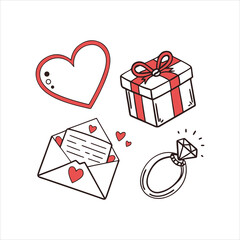 Romantic icons set with gift box, ring, heart and letter – minimal love and Valentine’s day line art elements