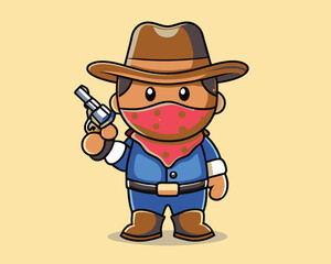 Cute Cartoon Cowboy Holding a Revolver.