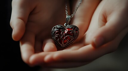 Close-up of a heart-shaped pendant held gently in the hands of a loved one