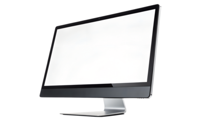 Computer monitor mockup. Pc template with blank screen. Silver desktop isolated on white or transparent background.