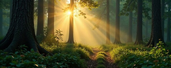 Sunlight breaks through the trees in a serene forest, illuminating a peaceful path.