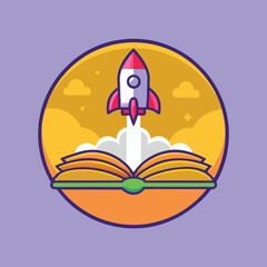 Cartoon Rocket Launching from Open Book.