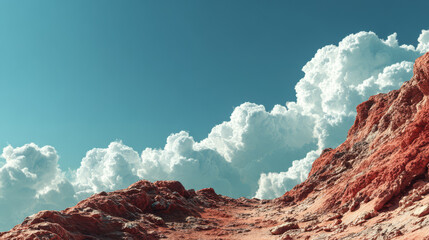 Beautiful rocky terrain against a vivid blue sky with striking white clouds