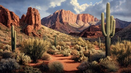 Serene Arizona Desert Vista: Majestic Saguaro, Towering Cliffs, and Cloudscape