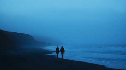 Silhouette of a couple walking along the beach at twilight with their hands intertwined