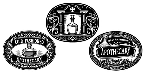 Old-fashioned apothecary sign with a potion bottle and intricate border