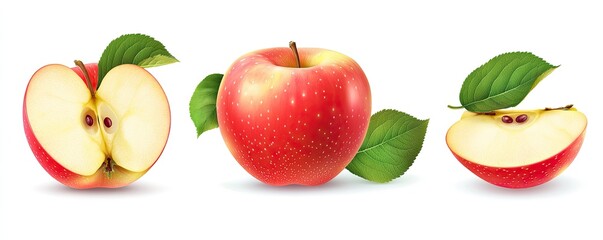 Three red apples, one whole, one halved, and one sliced.  Fresh and juicy, perfect for snacking