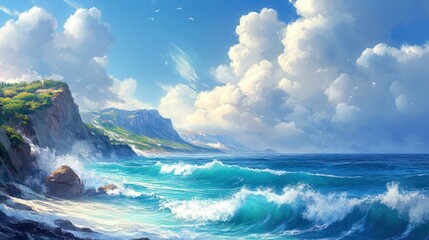 A sea with a rocky coastline, cliffs, dramatic landscape, nature