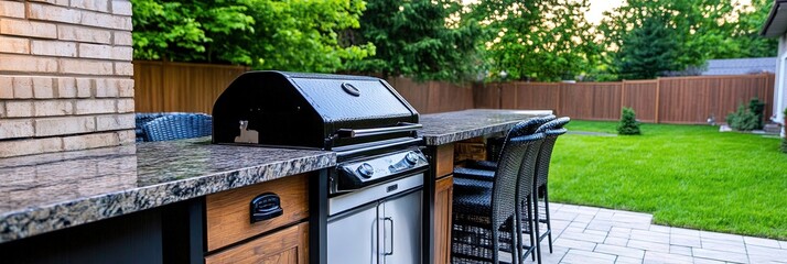backyard barbeque grill and bar with patio furniture in backyard garden of suburban home