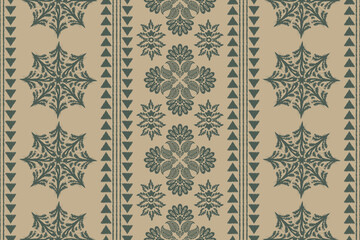 Patterns with ornaments of vertical stripes in dark teal floral and starburst on a tan background. Floral Ikat pattern embroidery border. Traditional textile design,possibly a fabric or wallpaper.