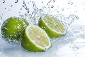 Fresh limes in water splash