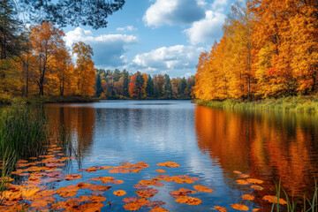 Obraz premium Autumn leaves float peacefully on tranquil water, reflecting hues of orange and yellow under a clear blue sky.