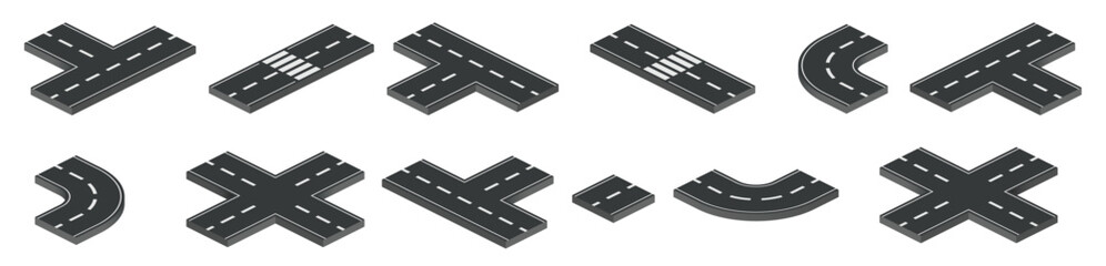 Road isometric intersection element set. Roadway elements isometry vector style. © Hadiya