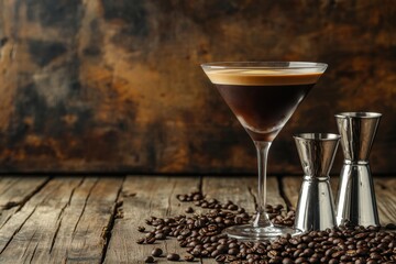 espresso martini cocktail on a wooden table, accompanied by coffee beans, a jigger, and a shaker, creating a stylish and inviting cocktail scene with warm lighting