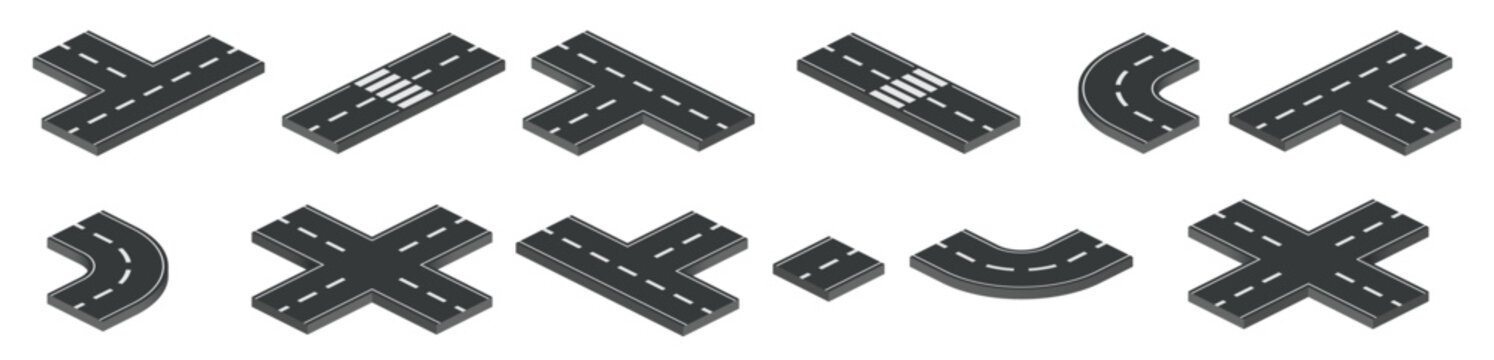 Road isometric intersection element set. Roadway elements isometry vector style.