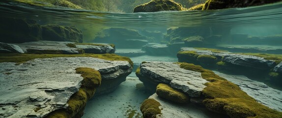 Serene Cross Section of a Pond with Rocks and Mossy Bank Revealing the Underwater World in a Natural Setting with Clear Water and Earthy Tones