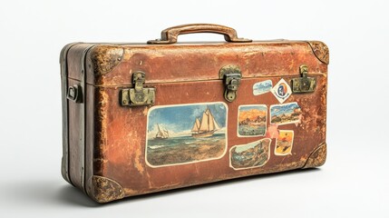 Vintage Leather Suitcase with Travel Stickers and Worn Finish