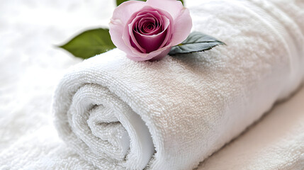 A white towel with a pink rose on top. Generated using AI.