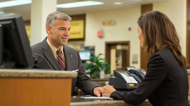 A professional banker answering customer questions at a bank counter.