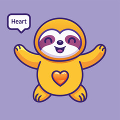 Naklejka premium Cute Yellow Sloth with Heart Symbol and Speech Bubble on Purple Background 