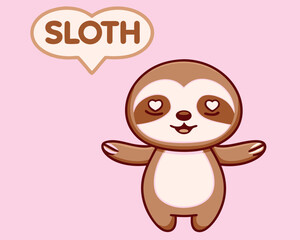 Cute Cartoon Sloth Character with Speech Bubble on Pink Background.