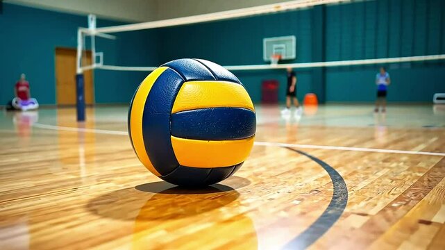 Volleyball ball on floor, close-up, indoor volleyball stadium. Sports games and competitions concept