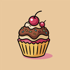 Cute Dessert Cupcake with Whipped Topping and Cherry Vector Illustration