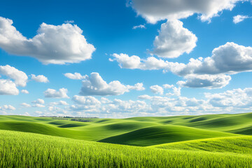 Obraz premium Serene landscape of vibrant green hills and fluffy clouds.