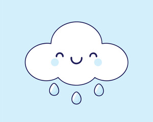 Cute Smiling Rain Cloud Cartoon with Happy Face and Raindrops.