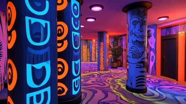 Vibrant neon hallway with patterned pillars